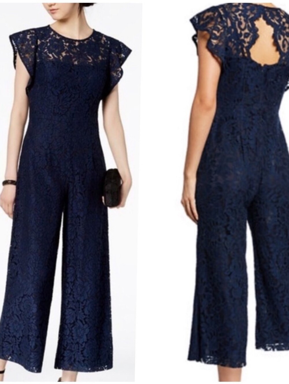 Donna Ricco Navy Blue Lace Jumpsuit Flutter Sleeve Crop Wide-Leg SIZE 10